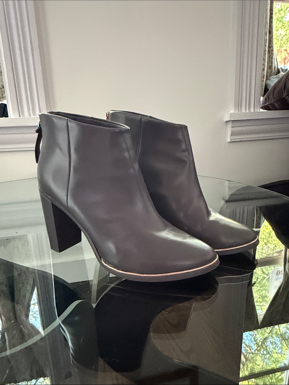 Women's Grey Leather Ankle Booties with Block Heel